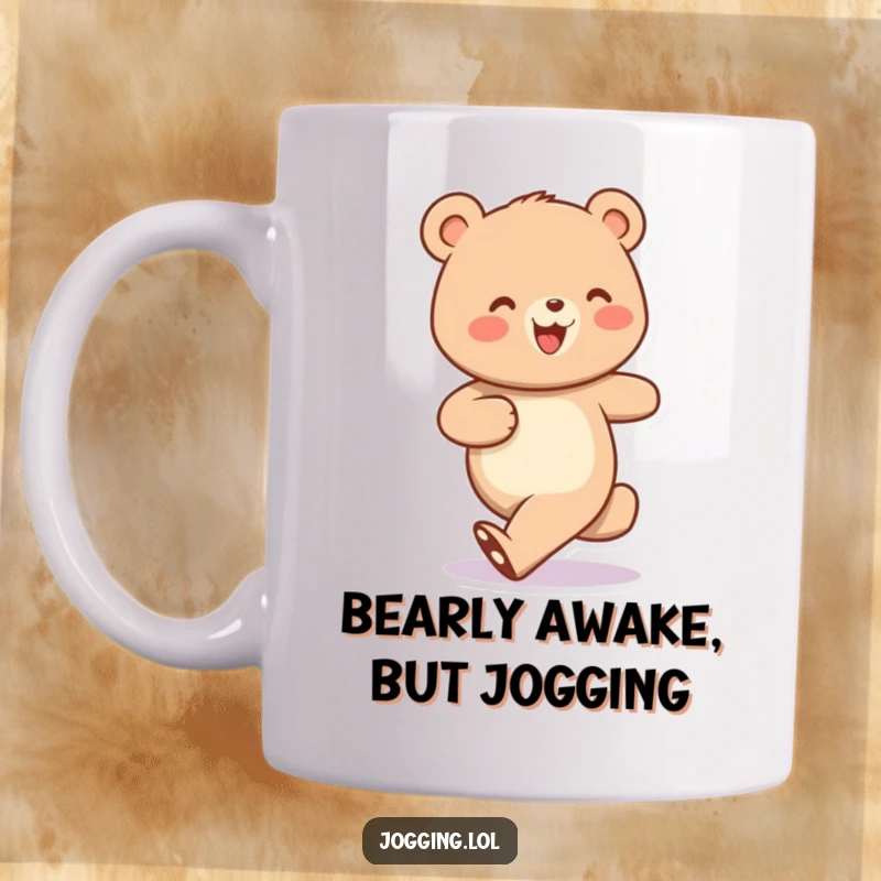 Funny jogging bear mug featuring a cheerful character taking small, bobbing steps forward with a happy expression.