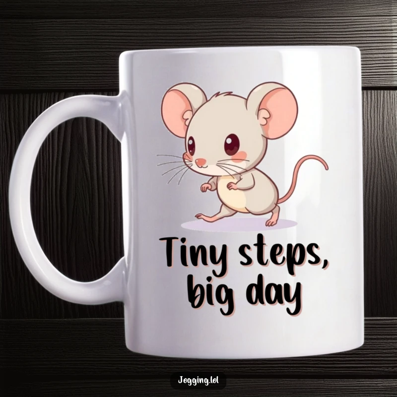 Funny mug featuring a curious mouse picking up its pace, looking ahead with determination and speed.