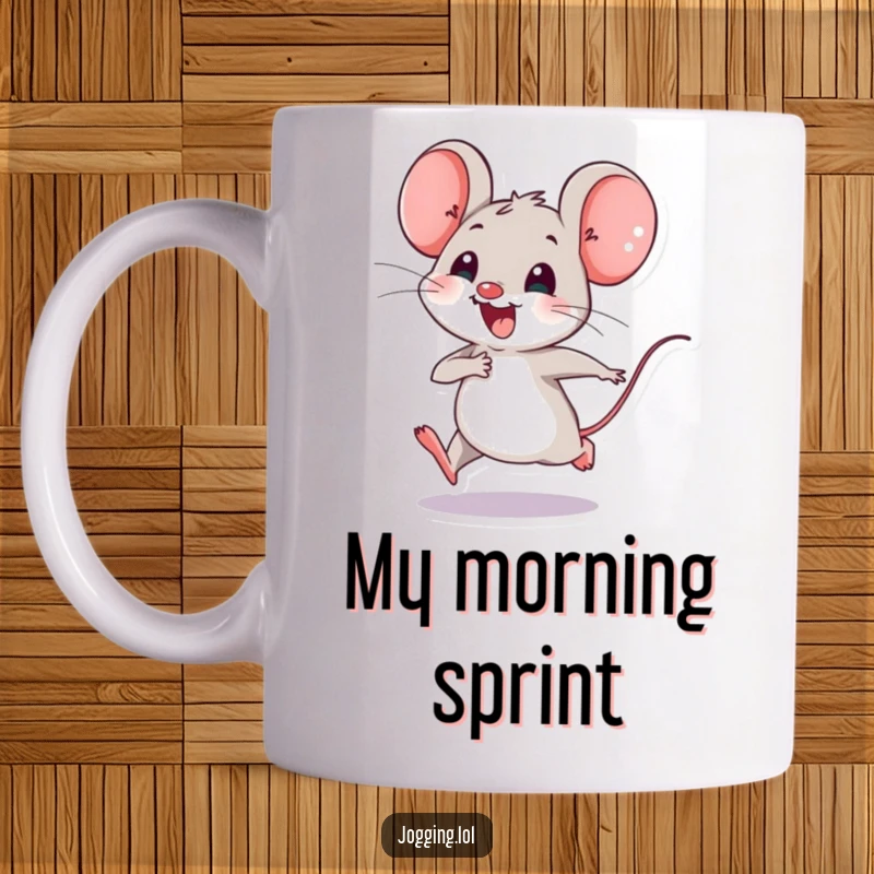 Funny mug showing a joyful mouse character happily speeding along with tiny legs, conveying speed and adorable energy.
