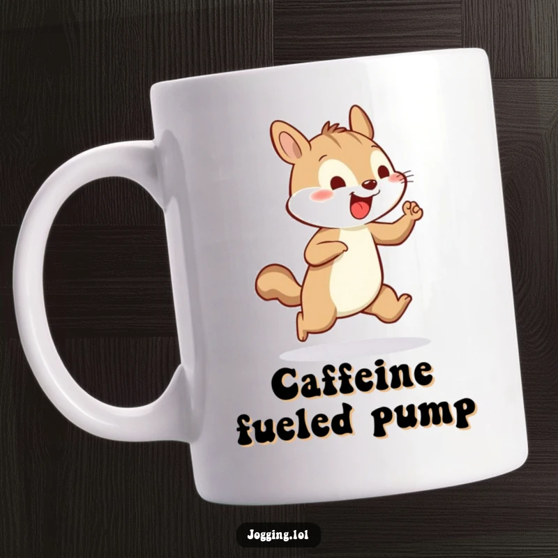 Funny mug showing a cheerful squirrel vigorously pumping its tiny arms while jogging with great enthusiasm.