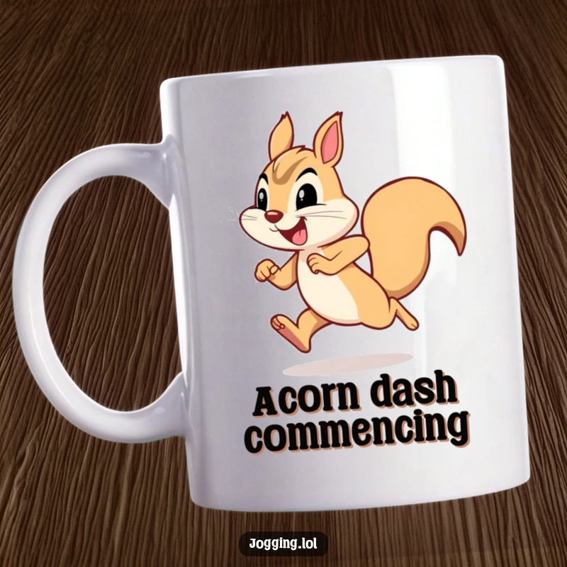 Funny squirrel mug depicting a joyful squirrel character sprinting with determined enthusiasm and a delightful, energetic expression.