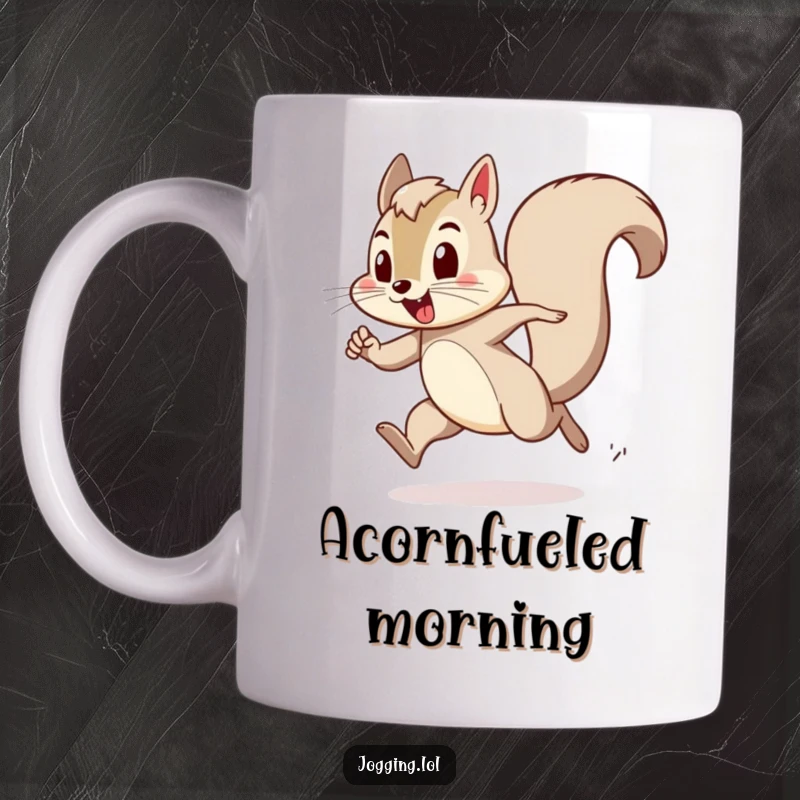 Funny mug featuring a playful squirrel character bounding energetically, showing exertion with a determined yet fun expression, perfect for coffee lovers.