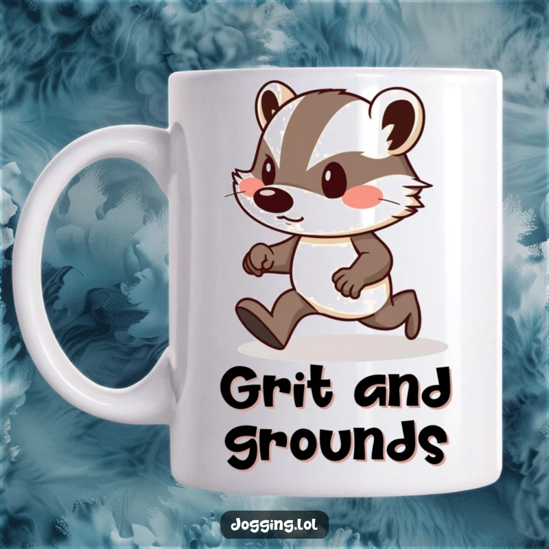 Funny mug featuring a determined badger with puffed cheeks, heroically jogging uphill against all odds.