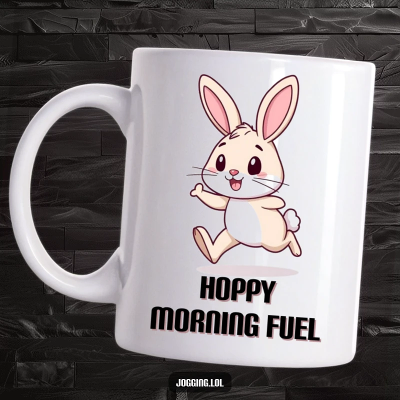 Funny mug featuring a cheerful rabbit with incredibly determined legs, joyfully jogging forward with full enthusiasm.
