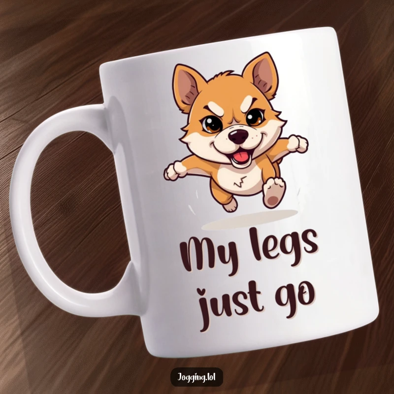 Funny dog mug featuring a determined dog character sprinting with an intensely focused, motivational expression, ready to conquer the day.