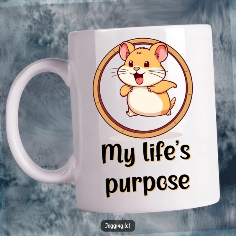 Funny mug featuring a determined hamster character running vigorously on a wheel graphic, symbolizing relentless effort and energy.