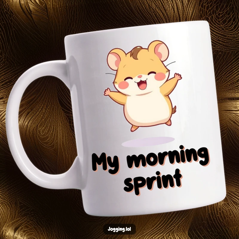 Funny mug featuring a joyful hamster character energetically running on an invisible wheel, brimming with enthusiasm.