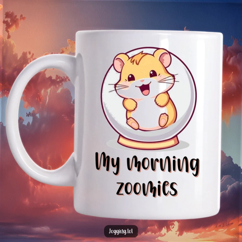 Funny mug showing a playful hamster character excitedly rolling inside a tiny hamster ball, conveying pure joy and motion.