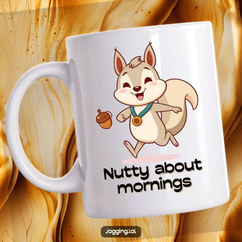 Funny Mug featuring a smiling squirrel character jogging enthusiastically, proudly holding a tiny acorn like a champion’s medal.