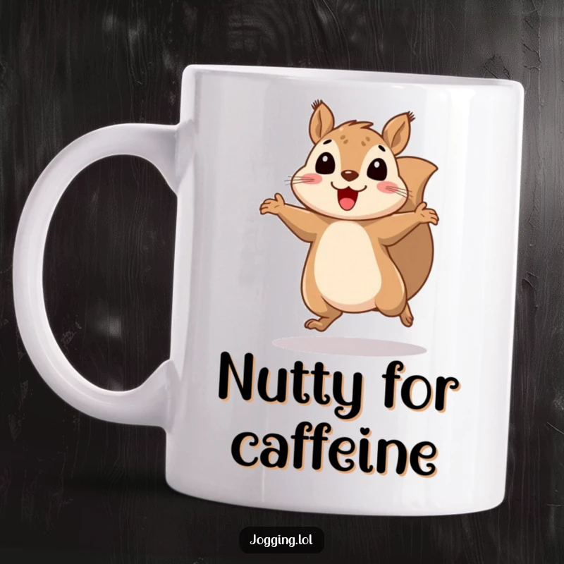 Funny squirrel mug featuring a cheerful rodent bouncing rhythmically with legs blurred, conveying playful energy.