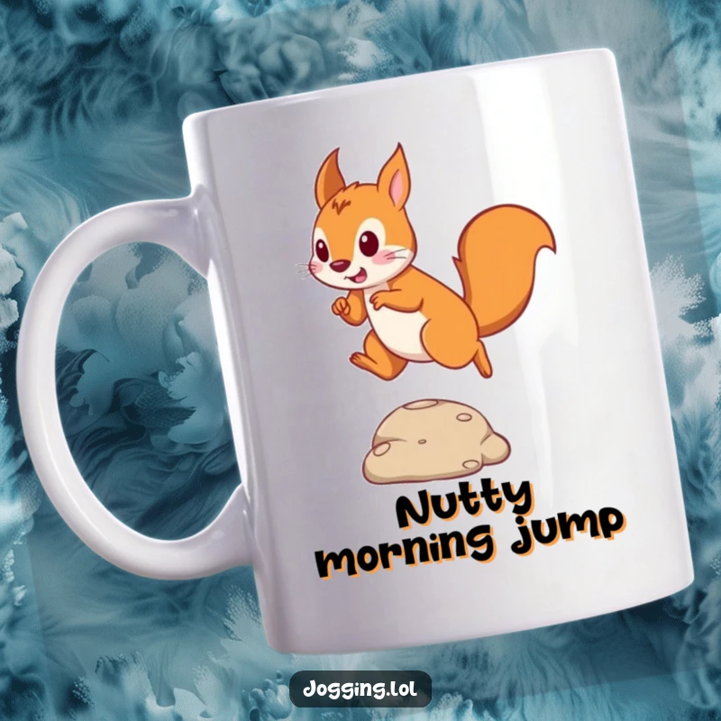 Funny mug featuring a playful squirrel captured mid-leap, expertly jumping over a small obstacle with agility.
