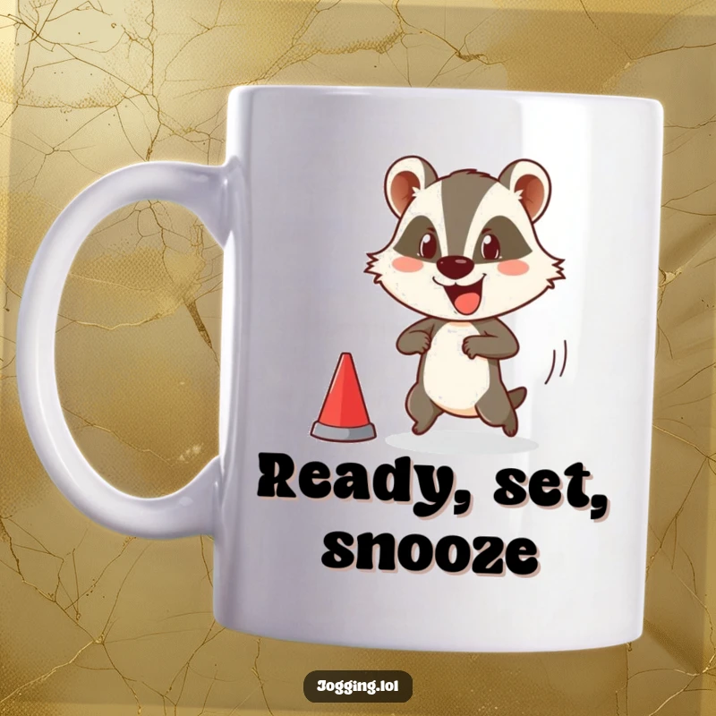 Funny mug with a happy badger character comically poised at a race start line, ready to sprint with a determined yet amusing expression.