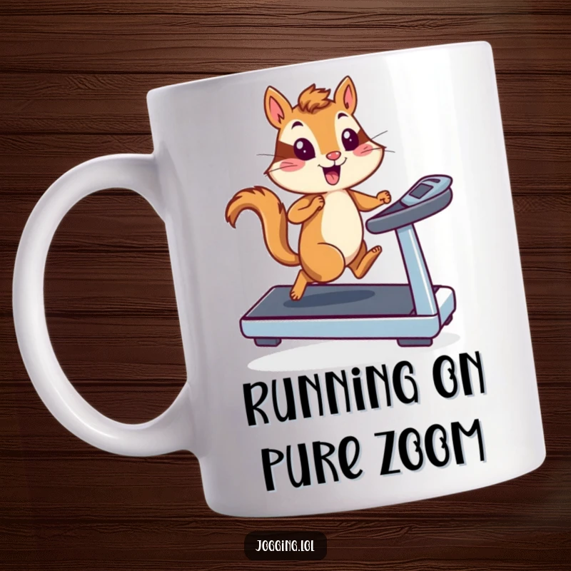 Funny chipmunk runner in high motion on a treadmill, depicted with intense speed and determination on a mug, a humorous depiction of fitness.