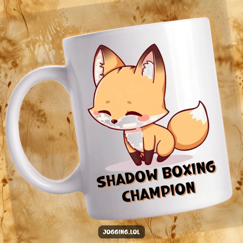 Funny fox mug with a winking character playfully chasing its own shadow, showcasing a whimsical and humorous moment for a lighthearted gift.