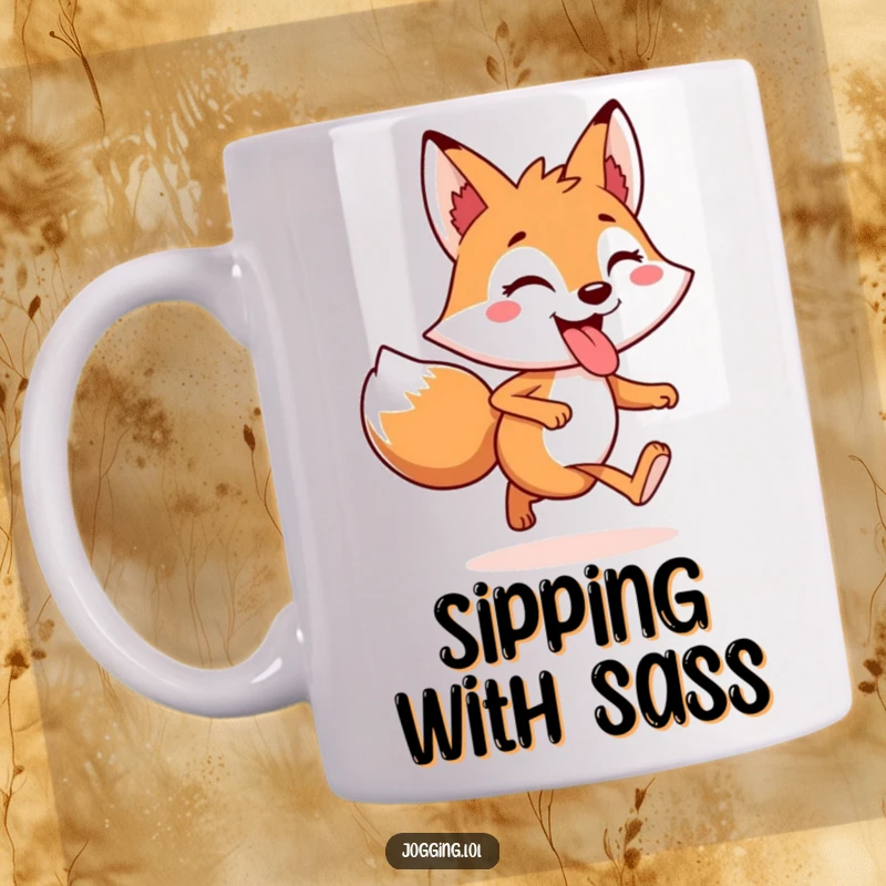 Funny Mug featuring a cheerful fox character joyfully jogging with its tongue playfully sticking out, embodying pure fun.