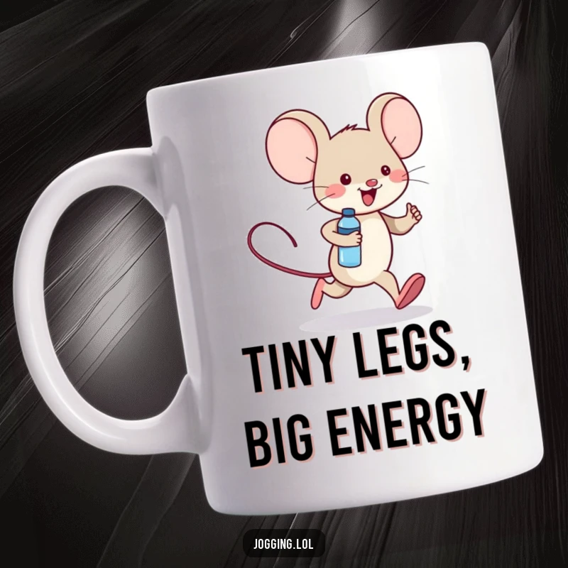 Funny mug featuring a cheerful mouse character jogging with a tiny water bottle, radiating positive vibes for your active lifestyle.