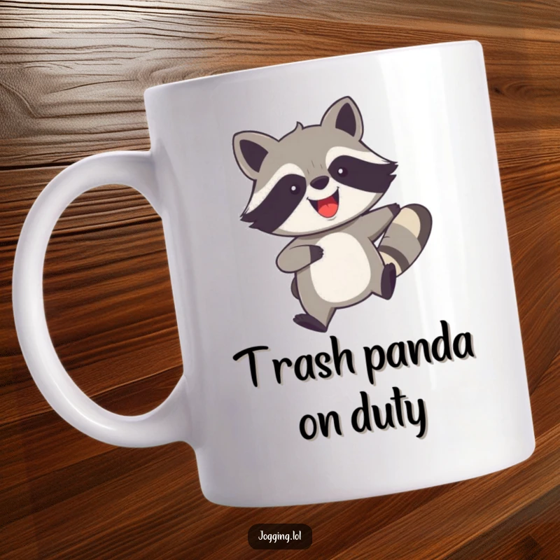 Funny mug featuring a joyful raccoon with legs churning rapidly, embodying speed and cheerful mischief, perfect for fast-paced individuals.