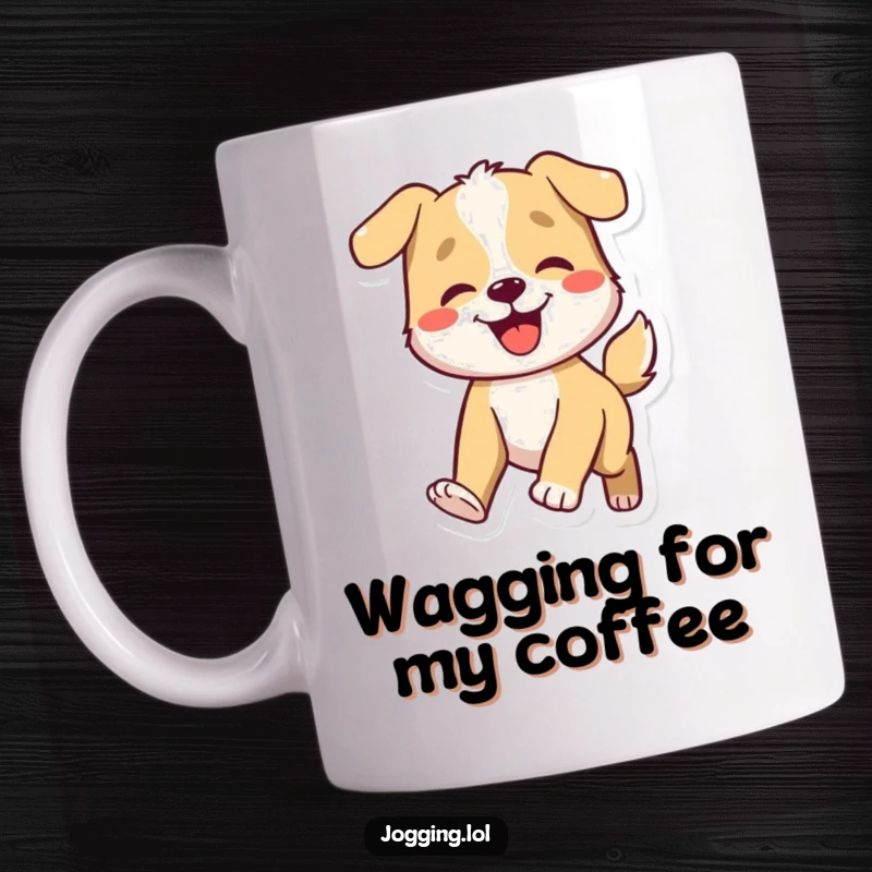 Funny dog mug with a smiling character energetically wagging its tail while moving, capturing pure canine joy.