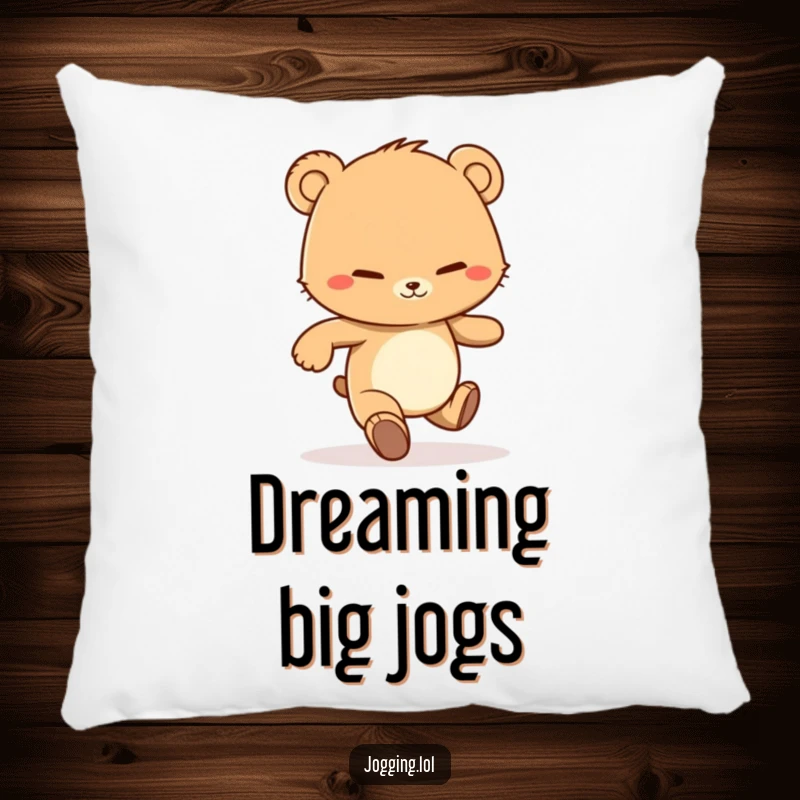 Funny pillow featuring a determined bear cub character jogging with a grin, perfect for adding motivational humor and comfort.