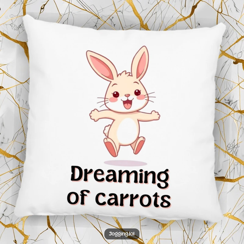 Funny bunny pillow with a happy rabbit sprinting, ears flapping, offering humorous comfort and a touch of playful charm.