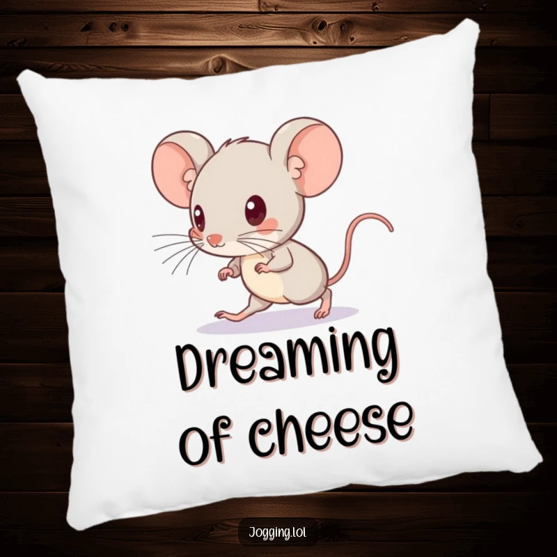 Funny pillow featuring a curious mouse picking up its pace, looking ahead, adding a touch of fun.