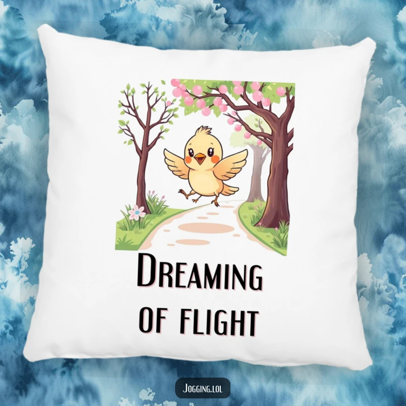 Funny pillow featuring a curious bird character playfully swooping over a jogging path, bringing a cute and humorous element to any room.