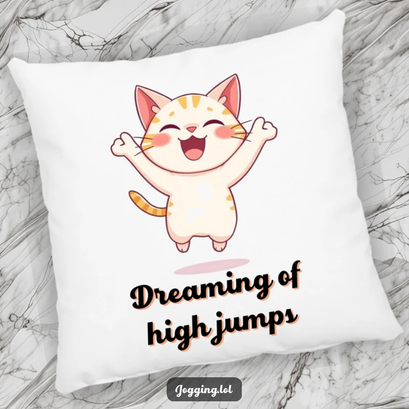 Funny cat pillow featuring a delighted character leaping with joyful energy, offering a soft and humorous accent for any room, a cute gift.