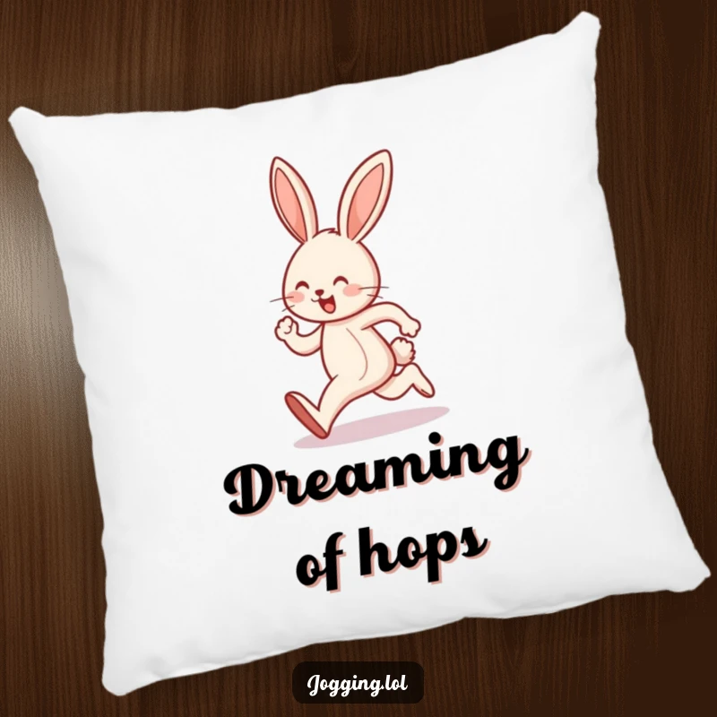 Funny pillow featuring a soft, plush design of a joyful bunny character doing a cute hop while jogging.
