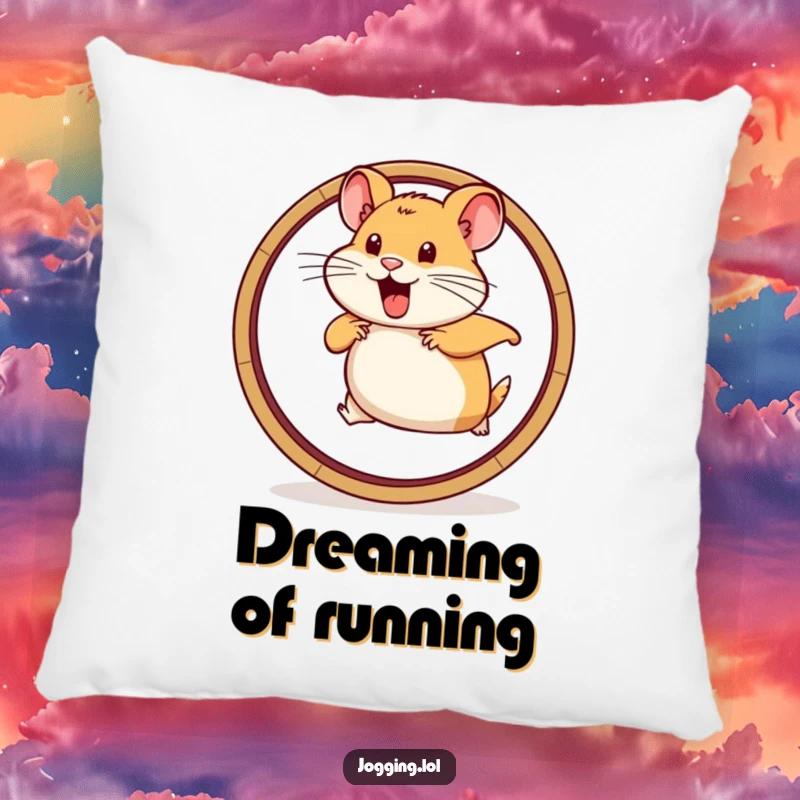 Funny pillow featuring a determined hamster running vigorously on a wheel graphic, providing comfort and humorous motivation.