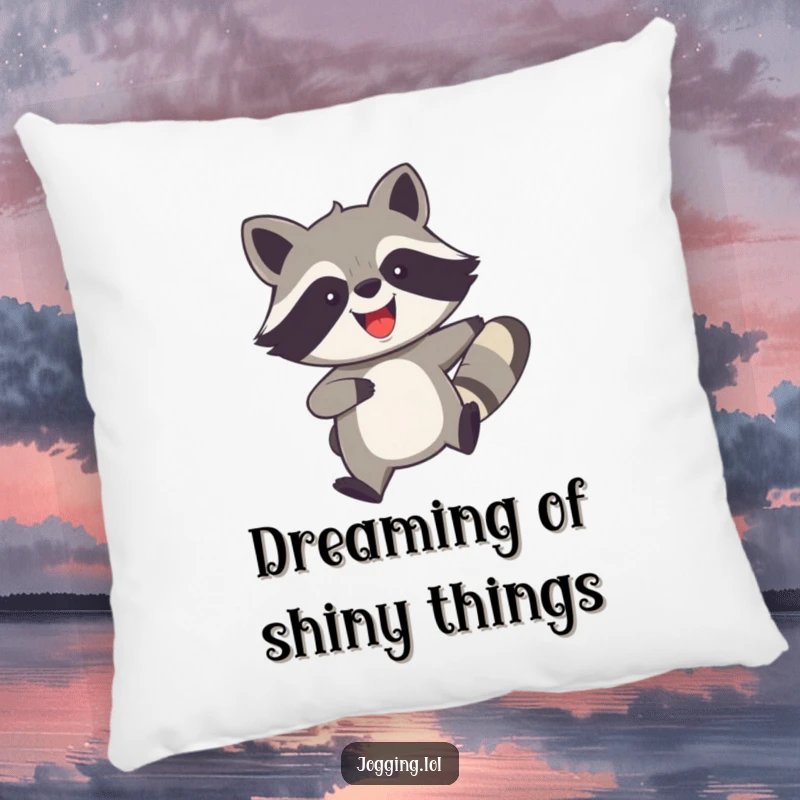 Funny pillow designed with a joyful raccoon with legs churning quickly, perfect for adding cozy and humorous charm with a playful, energetic vibe.