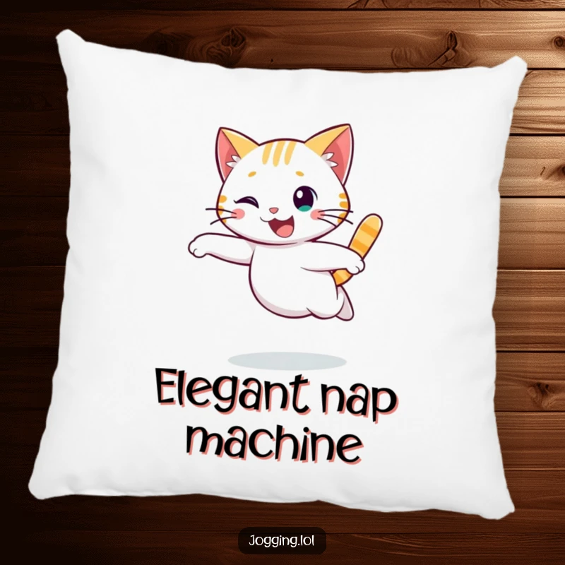 Funny cat pillow with a cheerful character running with a graceful, flowing motion, offering plush comfort and a dose of adorable, funny playfulness.