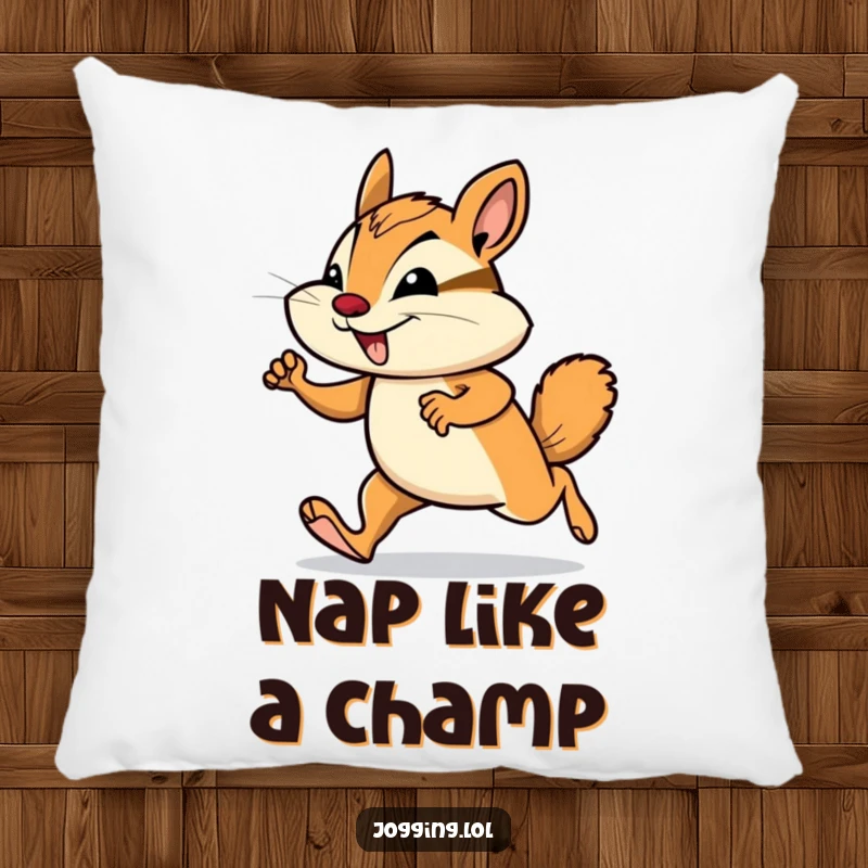 Funny chipmunk pillow with a smiling rodent in a determined jogging pose, offering comfort and a touch of playful humor.
