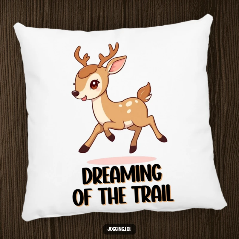 Funny pillow designed with a smiling deer in a determined, lighthearted bound, perfect for adding cozy and humorous charm to any space.