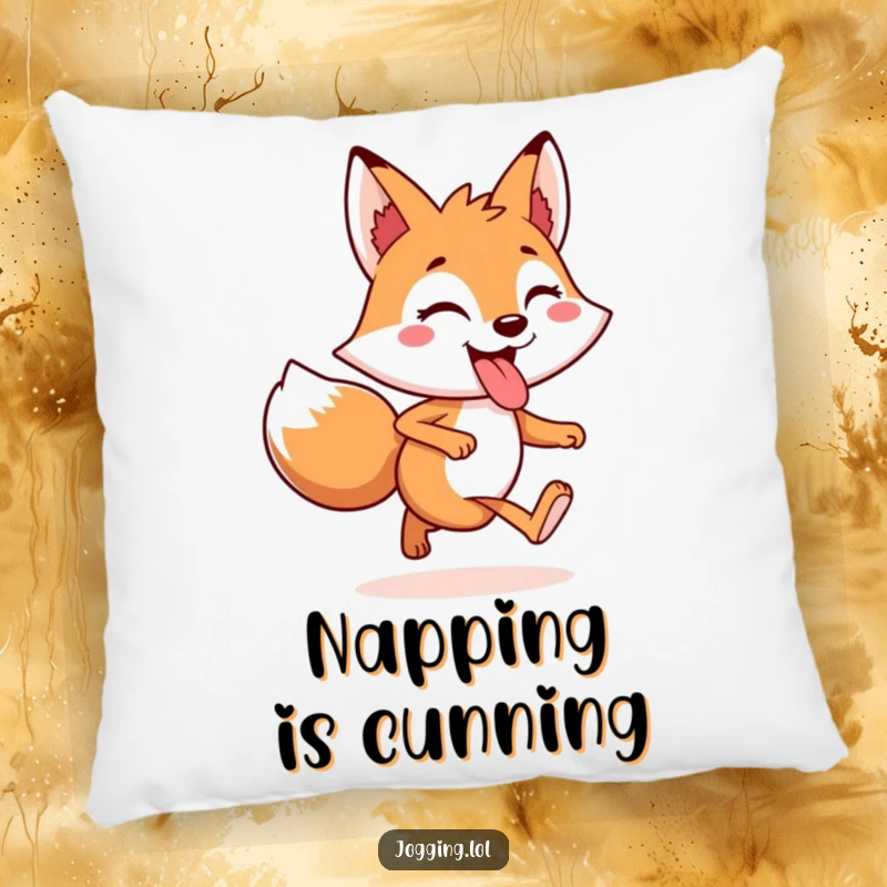 Funny Pillow showcasing a cheerful fox character mid-jog with its tongue playfully sticking out, offering cozy fun.