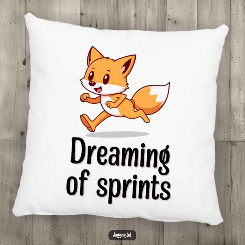 Funny pillow design featuring a happy fox runner in a focused running pose, offering comfort with a touch of cunning.