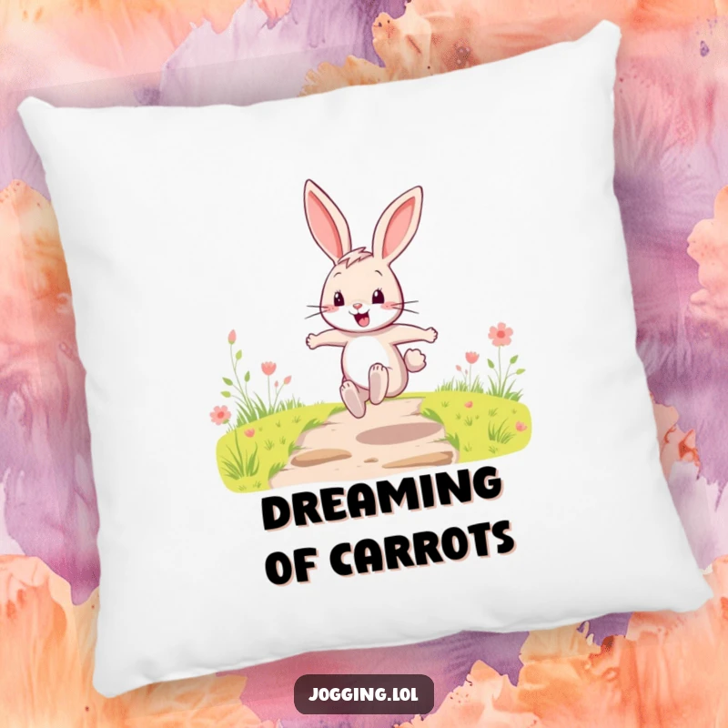 Funny Pillow showcasing a happy cartoon rabbit character mid-bound along a path, offering comfort and cheerful energy.