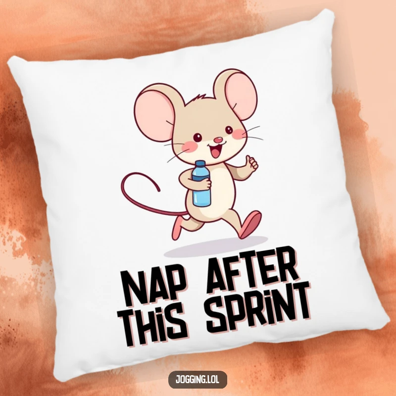 Funny pillow featuring a cheerful mouse character jogging with a tiny water bottle, offering a blend of comfort and lightheartedness.