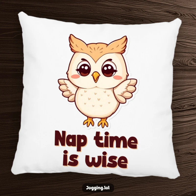Funny owl pillow with a happy protagonist slightly flapping its wings, offering plush comfort and a dose of adorable, funny wisdom.