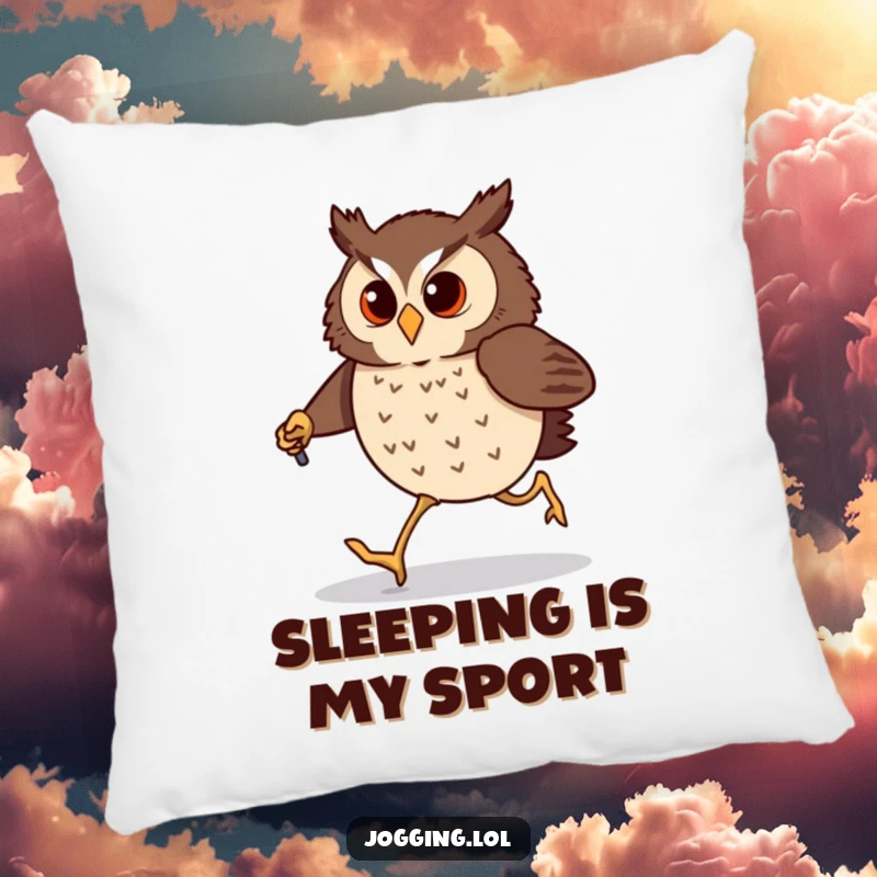 Funny owl pillow with a determined bird comically jogging using tiny jogging poles. Soft and humorous decorative item.
