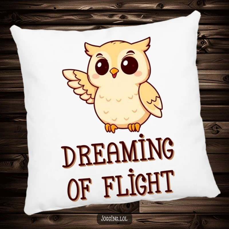 Funny owl pillow with a delighted bird jogging, wing slightly extended, perfect for comfort and a touch of humor.