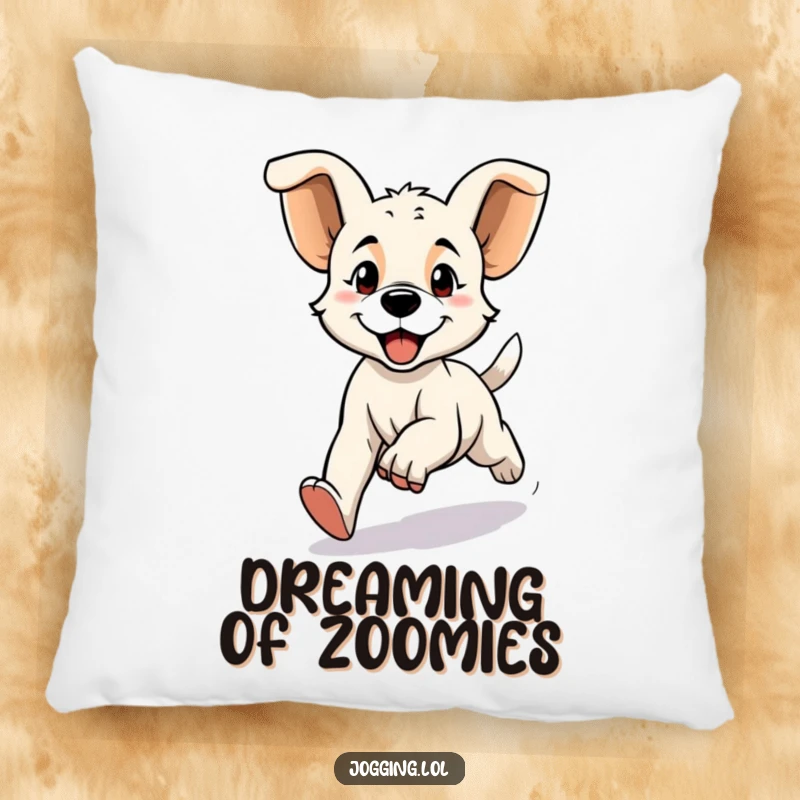 Funny pillow depicting a determined puppy character jogging with big floppy ears, adding comfort and humorous dog-lover charm, a great funny gift.