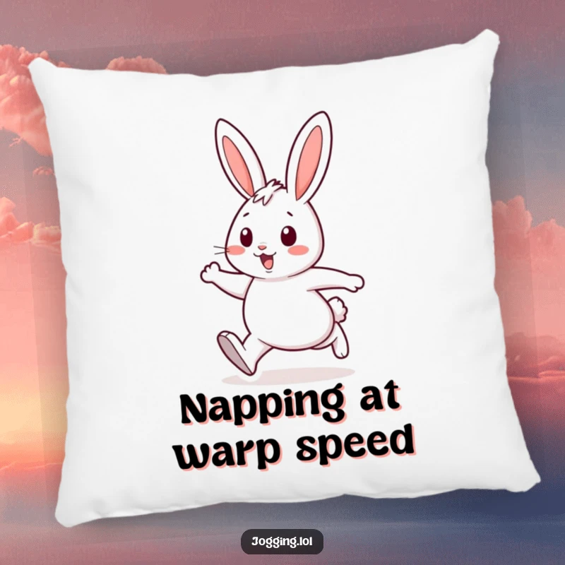 Funny pillow featuring a cheerful rabbit character energetically striding, adding a touch of playful comfort and humor to any room.