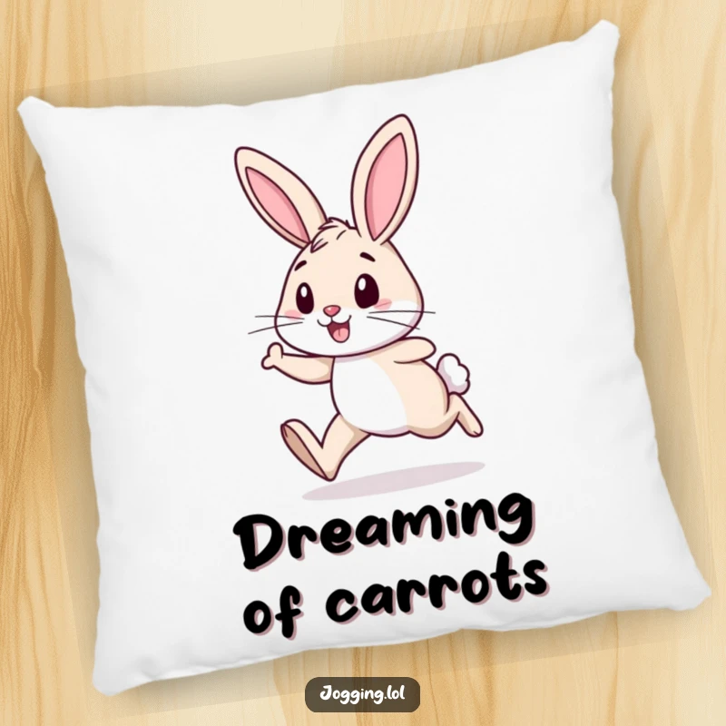Funny pillow featuring a cheerful rabbit with strong, determined legs, jogging with a happy expression, perfect for comfort.