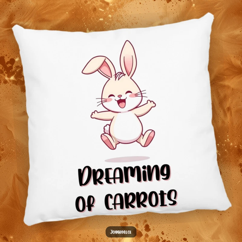 Funny pillow showcasing a joyful rabbit comically jogging, ears flopping in a cute and humorous, relaxing design.