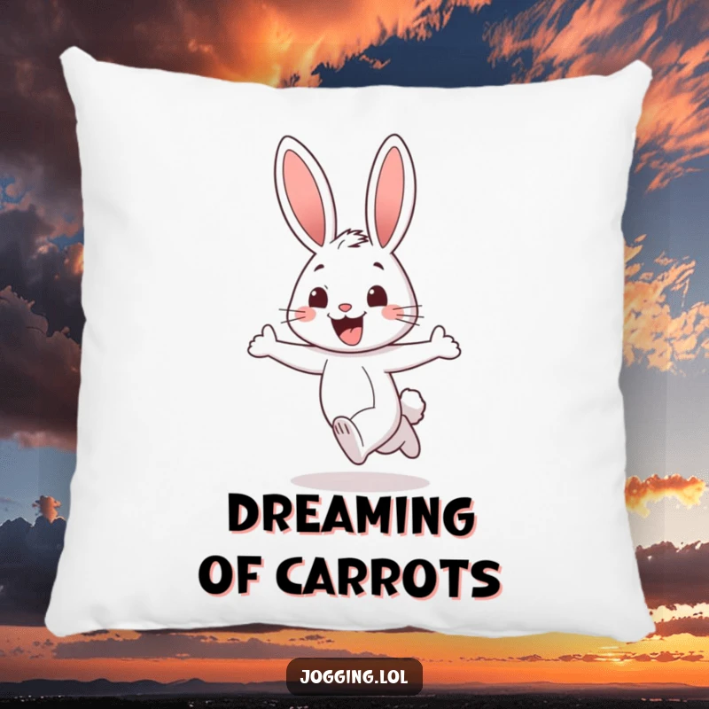 Funny rabbit pillow featuring a cheerful character jogging with a wide, excited grin, offering comfort and a humorous, cheerful accent, a cute gift.
