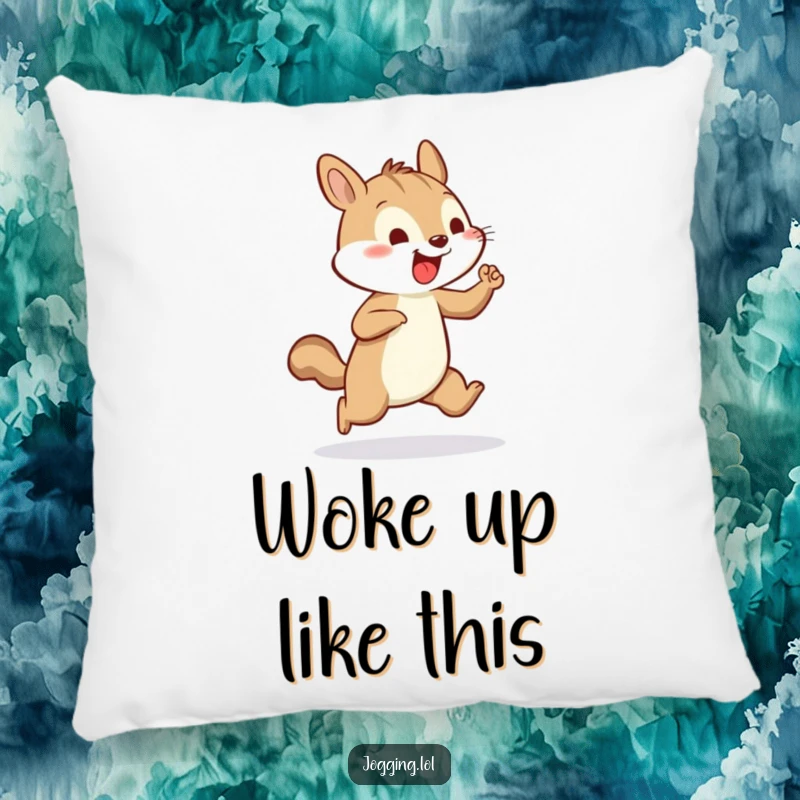 Funny pillow featuring a cheerful squirrel vigorously pumping its tiny arms while jogging, a humorous and comfortable addition.