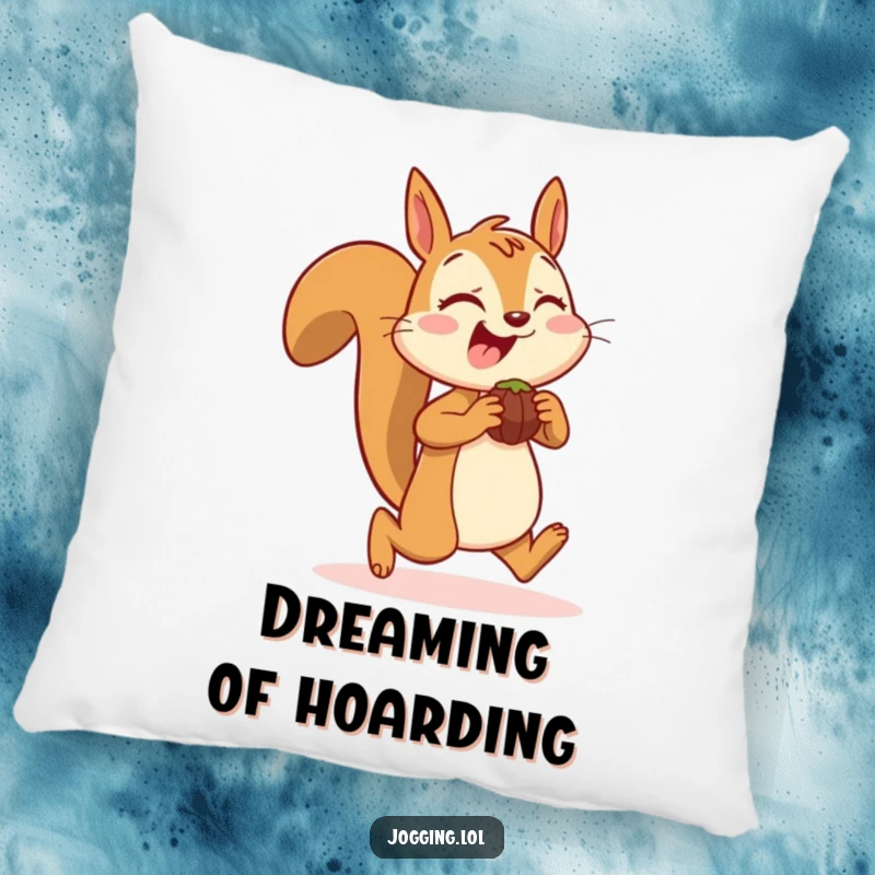 Funny pillow depicting a joyful squirrel character jogging with nuts stuffed in its cheeks, adding comfort and nutty humor, a great funny gift.