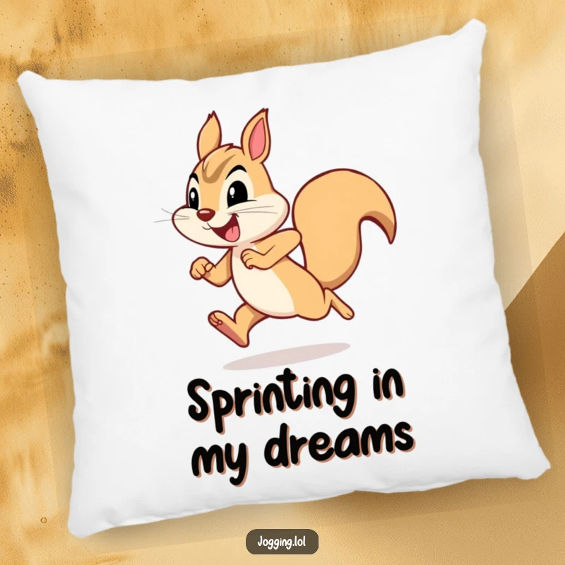 Funny squirrel pillow with a joyful squirrel character sprinting with humorous determination, offering comfort and a playful vibe.