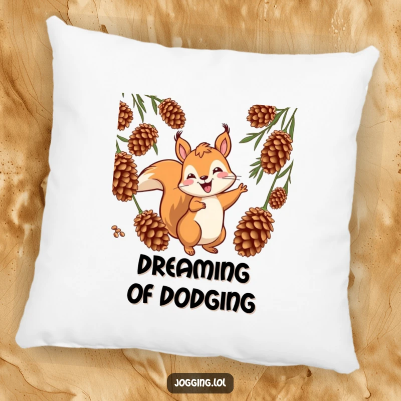Funny squirrel pillow featuring a jovial character weaving playfully between cones, offering comfort and a humorous, playful accent, a cute gift.