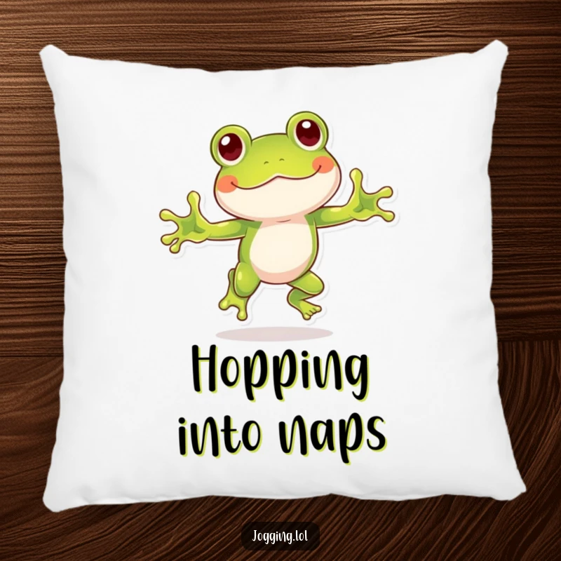 Funny frog pillow with a playful frog character hopping with humorous enthusiasm, offering comfort and a cheerful, energetic vibe.